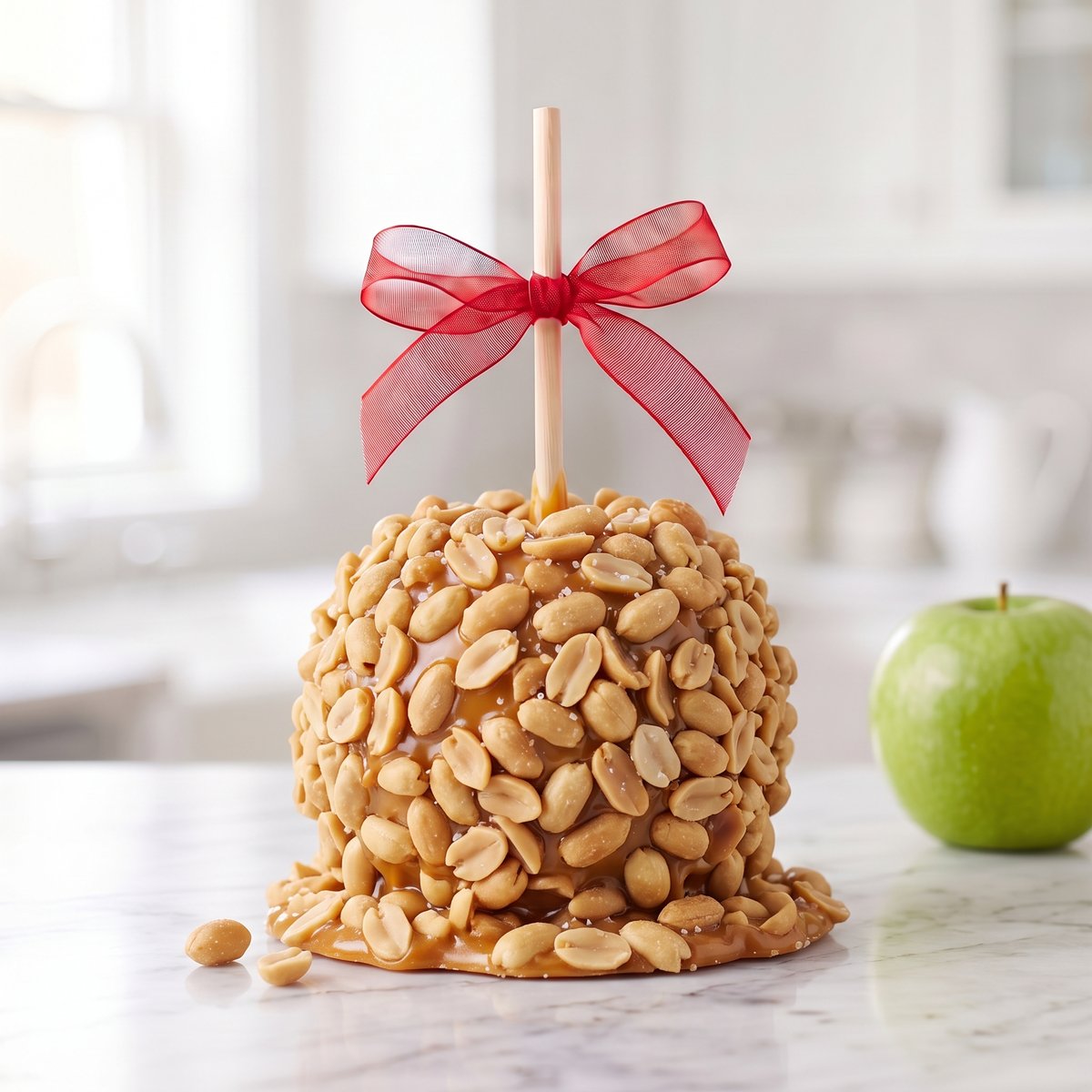 Payday caramel apple rolled in salted peanuts over caramel, tied with a red bow by Ruth's Big Apples