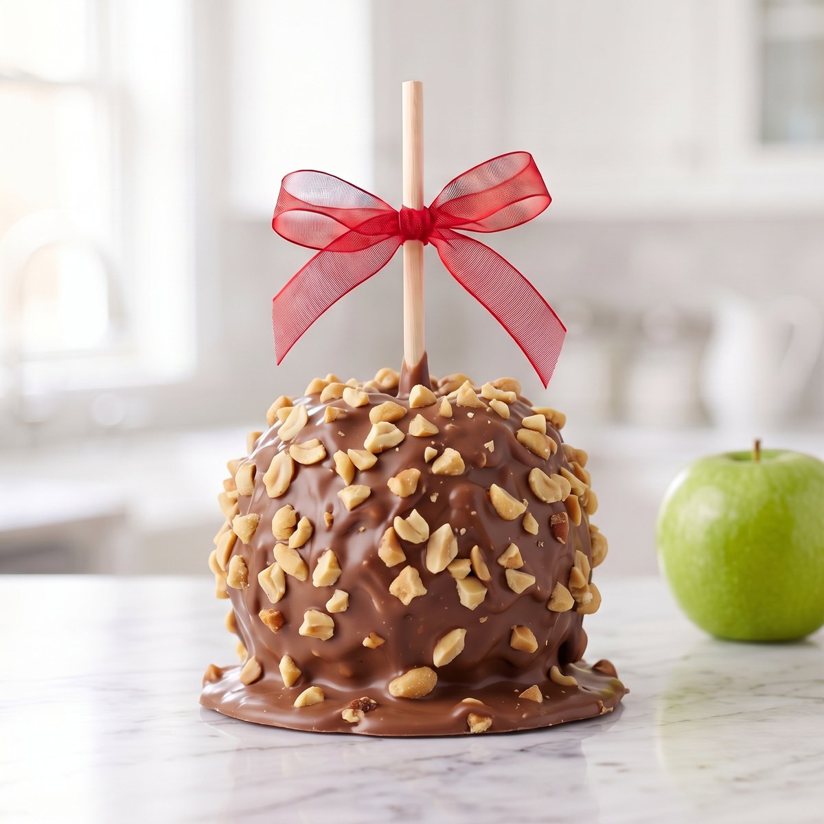 Peanut caramel apple with chocolate rolled in chopped peanuts by Ruth's Big Apples