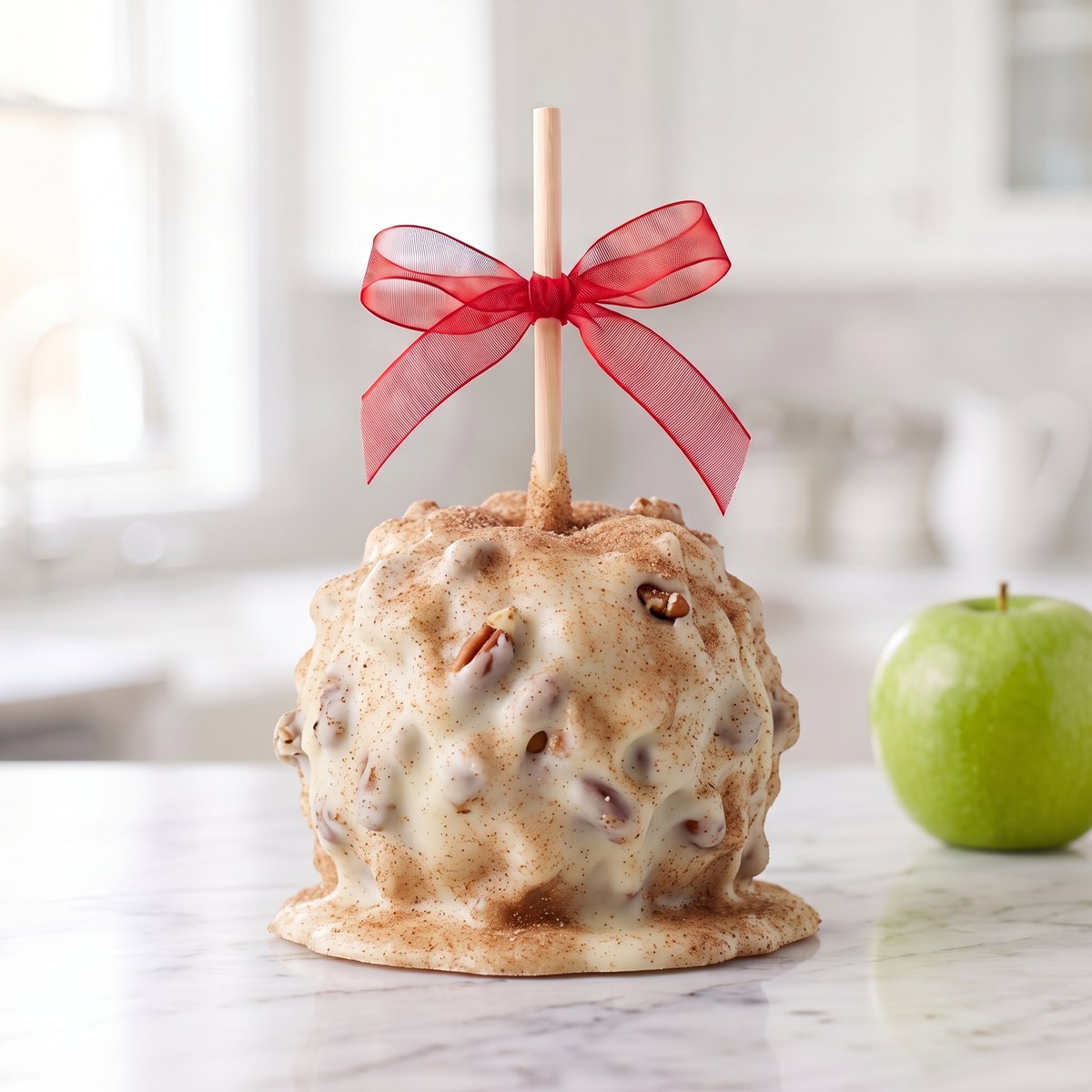 Pecan Apple Pie caramel apple with white chocolate, chopped pecans and cinnamon sugar, tied with a red bow by Ruth's Big Apples