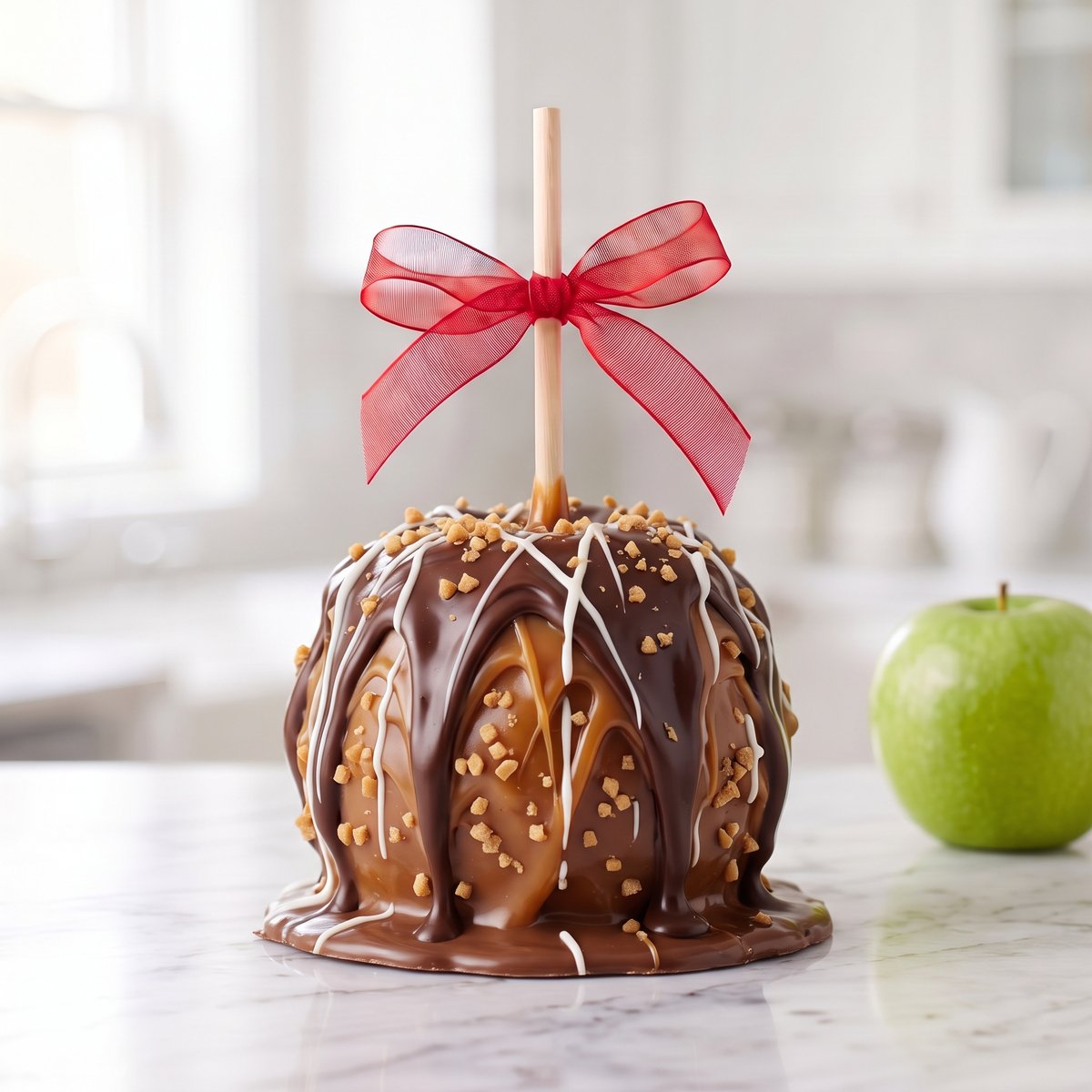 Toffee caramel apple with dark chocolate draped over caramel, toffee bits and a white chocolate drizzle by Ruth's Big Apples
