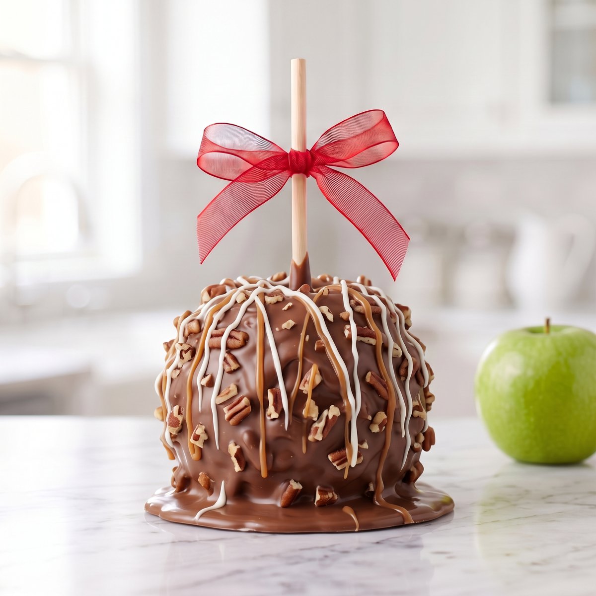 Turtle caramel apple with chocolate, chopped pecans, and caramel and white chocolate drizzle, tied with a red bow by Ruth's Big Apples